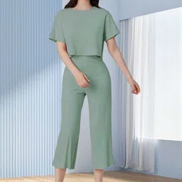 QENY Women Green Polyester Solid Crop Top With Trousers Co-Ord Set-picture-26