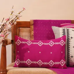 JAYPORE Pink And White Geometric Cotton Rectangle Cushion Cover-picture-26