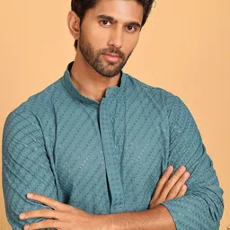 Anouk Teal Blue Geometric Embroidered Sequinned Mandarin Collar Kurta with Trousers image 4