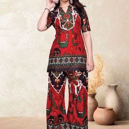 HERE&NOW Printed Mandarin Collar Neck Top With Palazzos Co-Ords-image-41
