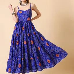 CORSICA Abstract Printed Shoulder Straps Tiered Fit and Flare Maxi Dress-13