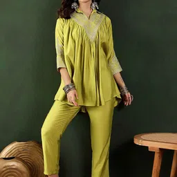 Sangria Floral Embellished Shirt Collar Tunic With Trouser Co-Ords-32