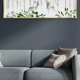 Myntra Elegant Homes Green & White Landscape Dear In The Forest Canvas Wall Painting-7