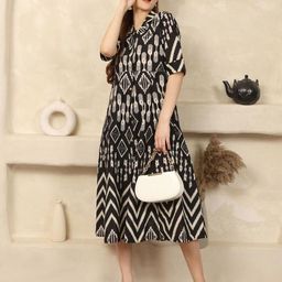 House Of Attire Women Geometric Printed Lapel Collar Cotton A-Line Dress-image-23