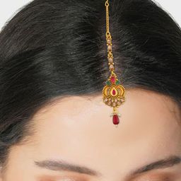 MEMOIR Gold Plated Ruby Stone Studded & Beaded Brass Maang Tikka-picture-22