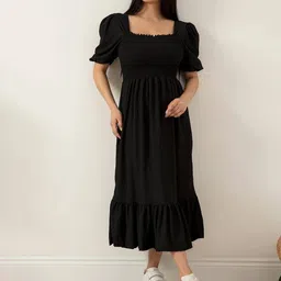 STARWORD Women Square Neck Puff Sleeves Smocked Fit & Flare Midi Dress-image-83