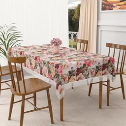 Aura White & Pink Rose Floral Printed 4-Seater Table Cover-9