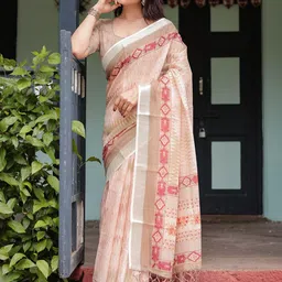 all about you Geometric Printed Zari Pure Linen Saree-43