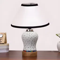 Devansh White & Black Textured Wooden Frustum Shaped Table Lamp With Mosaic Glass Base image 5