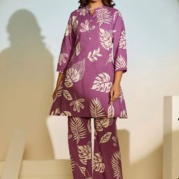 ARAVALII Floral Printed Mandarin Collar Pure Cotton Tunic With Palazzos Co-Ords-image-53