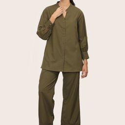 Saltpetre Women Olive Split V-neck Bishop Sleeve Tunic With Pants Co-Ord Set-image-73