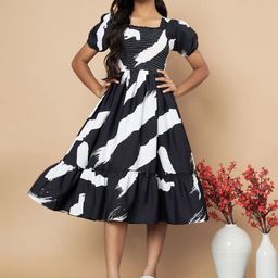 ZWERLON Print Puff Sleeve A-Line Midi Dress-image-86