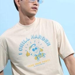Men Printed Round Neck Cotton Blend Beige T-Shirt-image-1
