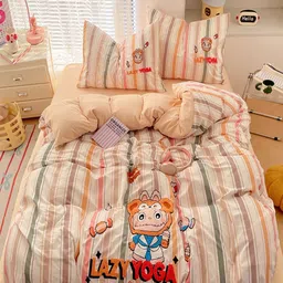 JC HOME Orange & Green Striped Polycotton 3 Piece Single Regular Bedding Set-image-25
