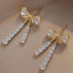 DIVASTRI Gold Plated Artificial Stones Studded Bow Shaped Korean Drop Earrings image 3