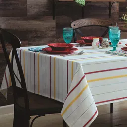 HOME COLORS.IN White & Pink Striped Cotton 8-Seater Table Cover-picture-2