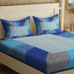 Aura Blue & White Ethnic Motifs 144 TC Queen Bedsheet with 2 Pillow Covers-image-109