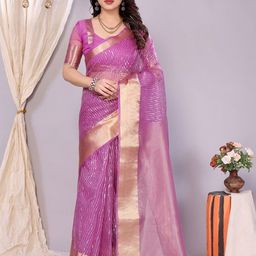 KALINI Striped Sequinned Organza Saree With Unstitched Blouse Piece-picture-9