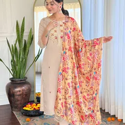 SHREE KHODAL FASHION Floral Embroidered Thread Work Straight Kurta With Trousers & Dupatta-picture-36