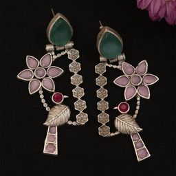 ABDESIGNS Silver-Plated Stone Studded & Beaded Classic Drop Earrings-21