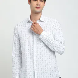 Turtle Floral Printed Spread Collar Standard Cotton Linen Formal Shirt-image-58