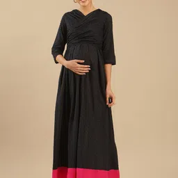 Shades of Sabi Maxi Maternity DressNavy Blue Cotton Solid V-Neck Wrap Maternity Dress-image-21