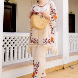 ANUSHEET Embroidered Round-Neck Pure Cotton Tunic With Trouser-4
