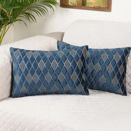 MONKDECOR Blue & Gold-Toned Set of 2 Geometric Velvet Rectangle Cushion Covers-13