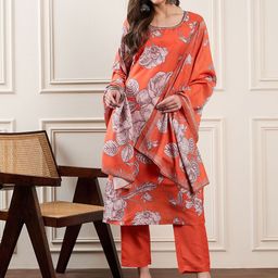 House of Pataudi Printed Straight Kurta With Trousers & Dupatta Sets-10