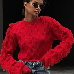 LULU & SKY Women Self Design Cable Knit Pullover Sweater with Fringed Detail-picture-7