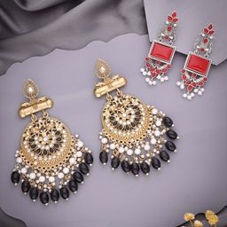 Anouk Set Of 2 Artificial Stones Studded and Beaded Drop Earrings-7