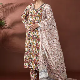 Anouk Women Floral Printed Regular Thread Work Pure Cotton Kurta with Trousers & With Dupatta image 4