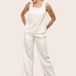 Saltpetre Women Cream Square Neck Top With Pant Co-Ords Set-image-2
