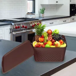 homestic Plastic Multipurpose Square Shape Plastic Storage Baskets With Lid Pack of 3 (Multi) Storage Basket image 3