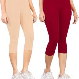 Women Maroon, Beige Capri-image-3