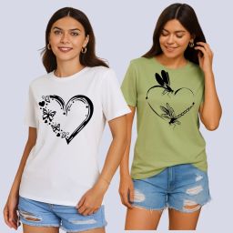 Pack of 2 Women Printed Round Neck Polyester White, Green T-Shirt-image-51