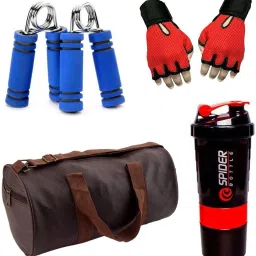 Combo Of Leatherite (Brown) Gym Bag, Gloves (Red), Spider Shaker (Red) And Hand Gripper (Blue) Fitness Accessory Kit Kit-image-68
