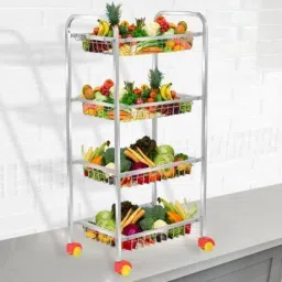 Stainless Steel 4 Layer Fruit Vegetable Trolley Trolly Steel Kitchen Trolley (Multipurpose kitchen Trolley) Stainless Steel Kitchen Basket Shelf with Wheel [DIY (Do-It-Yourself)] Stainless Steel Kitchen Trolley-image-85