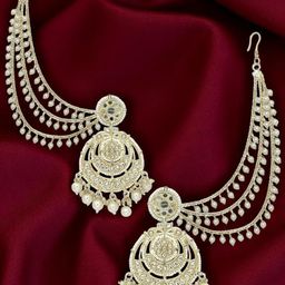 FEMMIBELLA Gold-Plated Artificial Stones Studded & Beaded Chandbalis With Ear Chain-9