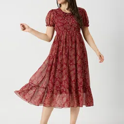 BAESD Women Tie-Up Neck Floral Print Puff Sleeve Fit & Flare Dress-picture-3