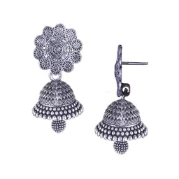 DIVASTRI Set Of 5 Silver-Plated Artificial Beaded Dome Shaped Oxidised Jhumkas image 3