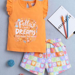 BUMZEE Girls Typographic Printed T-shirt with Shorts-image-14
