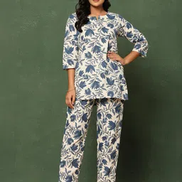 Handish Floral Printed Pure Cotton Tunic & Trousers Co-Odrs-image-5