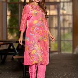all about you Floral Printed Tie Up Neck Kurta with Trousers-51
