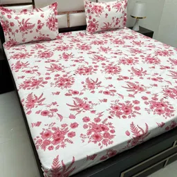 Pure Decor Pink & White Floral 220 TC Queen Bedsheet with 2 Pillow Covers-picture-45