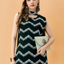 PARROT CREATION Chevron Embroidered Georgette A-Line Kurti With Sharara And Dupatta image 3