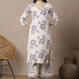 FASHOR Floral Printed V-Neck Pure Cotton Straight Kurta With Palazzos-image-68