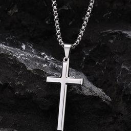 Peora Men Silver-Plated Stainless Steel Cross Pendant with Chain-image-5