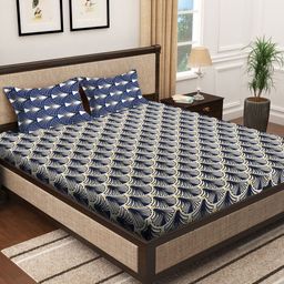 Myntra Elegant Homes Beige & Blue Printed Fitted 300 TC King Bedsheet Set 2.70m x 2.70m-image-95