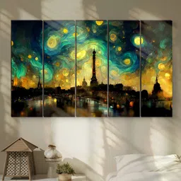 Myntra Elegant Homes Black & Yellow 5 Pieces Paris Skyline MDF Wooden Wall Art-image-9